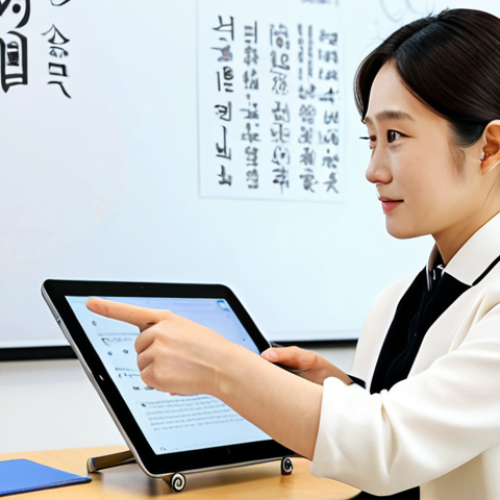 A professional female Korean language teacher, fully clothed in modest professional attire, warmly engaging with a student in a brightly lit modern study space. The teacher is pointing gently at Korean characters on a tablet, demonstrating a teaching point about Korean culture and customs, while the student listens attentively with a curious expression. The scene conveys a sense of inspired learning, cultural connection, and mentorship. Appropriate content, family-friendly, perfect anatomy, correct proportions, natural pose, well-formed hands, proper finger count, natural body proportions, high-quality professional photography, safe for work.