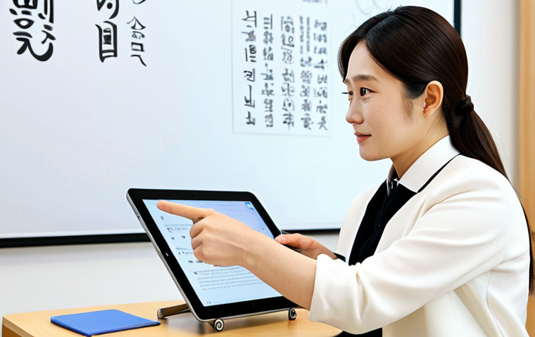 A professional female Korean language teacher, fully clothed in modest professional attire, warmly engaging with a student in a brightly lit modern study space. The teacher is pointing gently at Korean characters on a tablet, demonstrating a teaching point about Korean culture and customs, while the student listens attentively with a curious expression. The scene conveys a sense of inspired learning, cultural connection, and mentorship. Appropriate content, family-friendly, perfect anatomy, correct proportions, natural pose, well-formed hands, proper finger count, natural body proportions, high-quality professional photography, safe for work.
