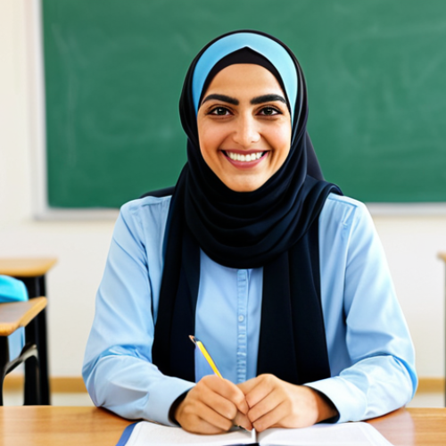 **

A professional Arabic language instructor, fully clothed in modest, traditional Middle Eastern attire, smiling warmly in a brightly lit, modern classroom setting. Students are at desks in the background, appearing engaged. Safe for work, appropriate content, perfect anatomy, natural proportions, professional, family-friendly, high quality.

**