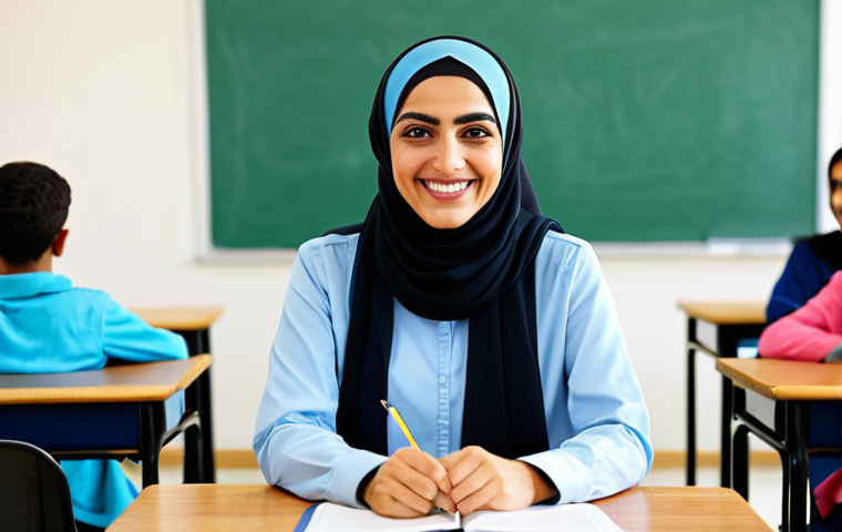 **
A professional Arabic language instructor, fully clothed in modest, traditional Middle Eastern attire, smiling warmly in a brightly lit, modern classroom setting. Students are at desks in the background, appearing engaged. Safe for work, appropriate content, perfect anatomy, natural proportions, professional, family-friendly, high quality.
**