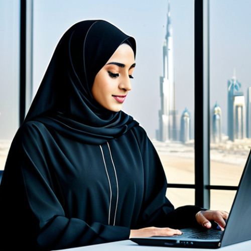 Home 15 한국어교원 커리어 패스 설계 - A professional Arab businesswoman in a modest, tailored abaya, working on a laptop in a modern offic...