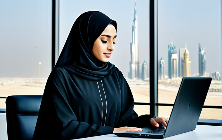 한국어교원 커리어 패스 설계 - A professional Arab businesswoman in a modest, tailored abaya, working on a laptop in a modern offic...