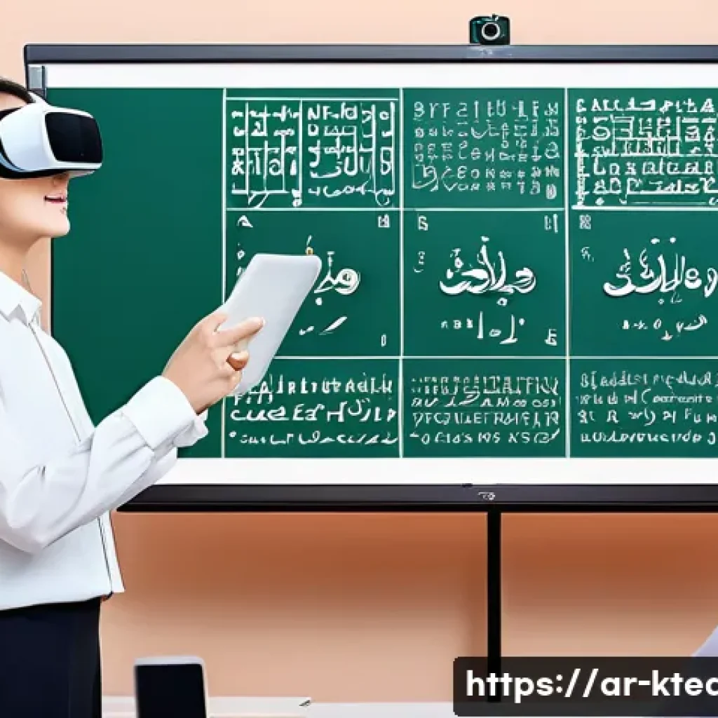 한국어교원 직무 트렌드와 전망 - A modern classroom scene in an Arab country where a Korean language teacher uses a large interactive...