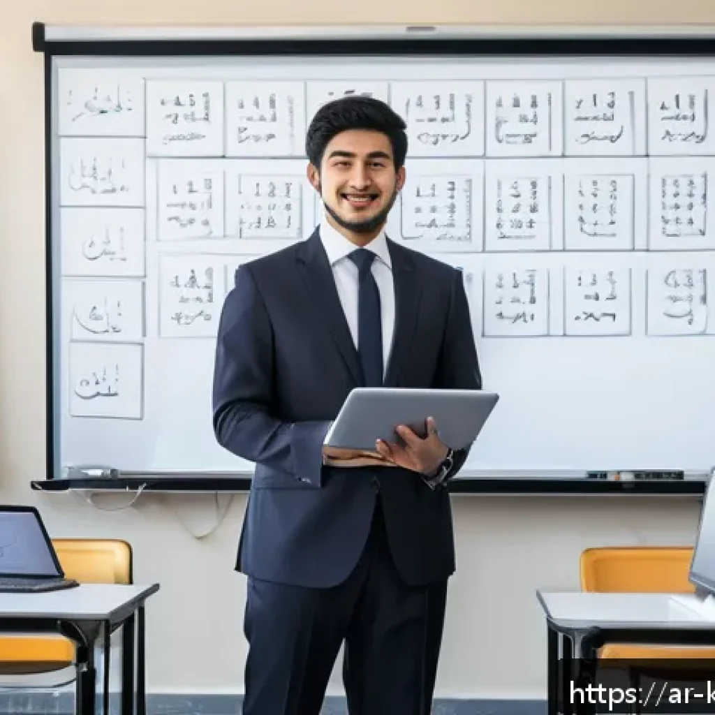 한국어교원과 해외 취업 기회 - A modern classroom scene in a prestigious Saudi Arabian university where a confident male Arabic-spe...