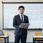 Home 17 한국어교원과 해외 취업 기회 - A modern classroom scene in a prestigious Saudi Arabian university where a confident male Arabic-spe...