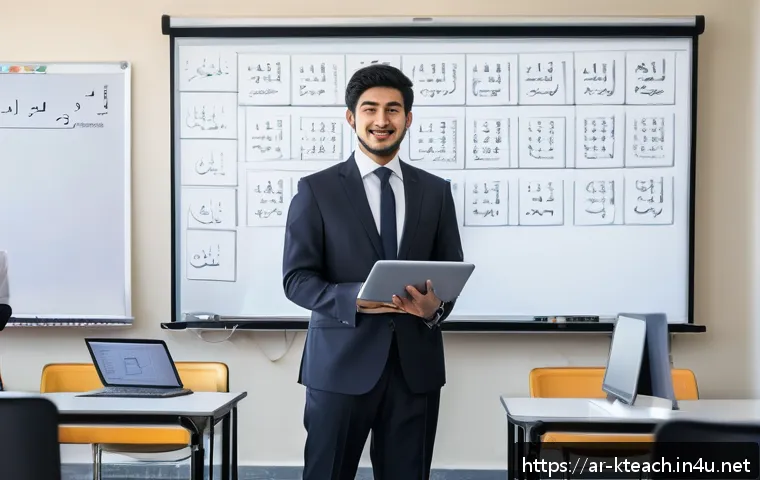 한국어교원과 해외 취업 기회 - A modern classroom scene in a prestigious Saudi Arabian university where a confident male Arabic-spe...