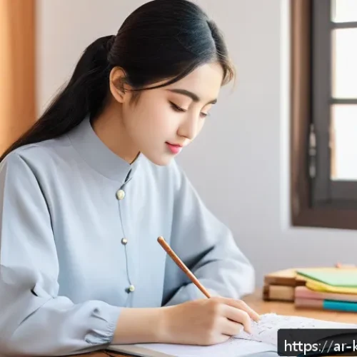 Home 31 한국어교원 시험 난이도 분석 - A focused Middle Eastern young woman studying Korean language at a cozy home desk, surrounded by Kor...