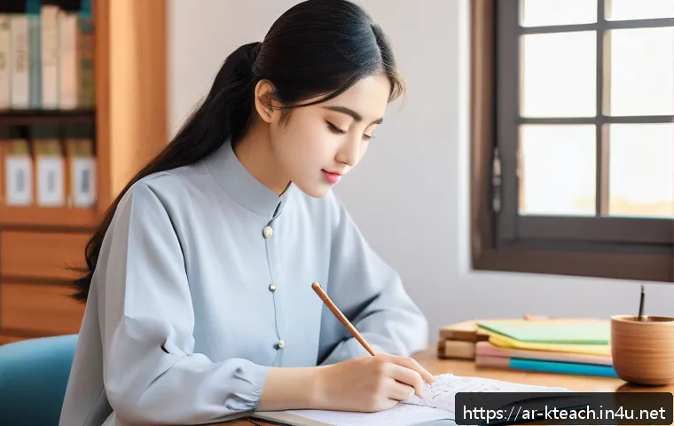 한국어교원 시험 난이도 분석 - A focused Middle Eastern young woman studying Korean language at a cozy home desk, surrounded by Kor...