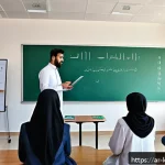 Home 18 한국어교원 직무 만족도를 높이는 법 - A modern classroom scene in a Middle Eastern school setting, featuring a diverse group of Arabic-spe...