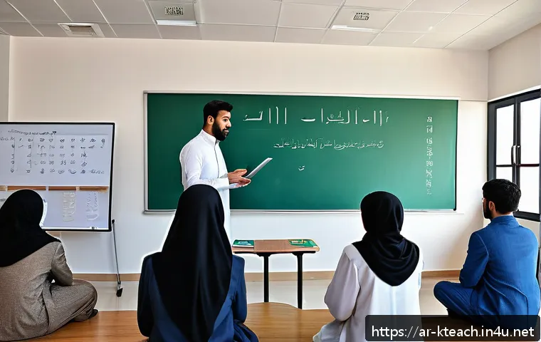 한국어교원 직무 만족도를 높이는 법 - A modern classroom scene in a Middle Eastern school setting, featuring a diverse group of Arabic-spe...