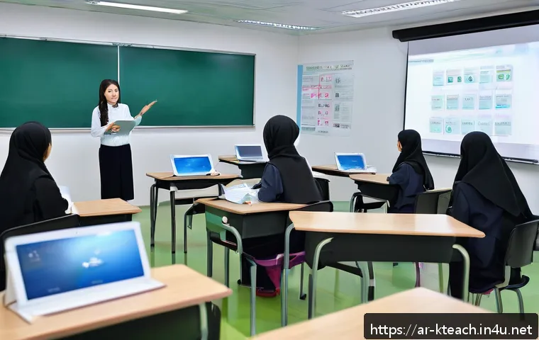 한국어교원 구직활동 성공 전략 - A modern classroom scene in a Middle Eastern school where an Arabic-speaking female Korean language ...